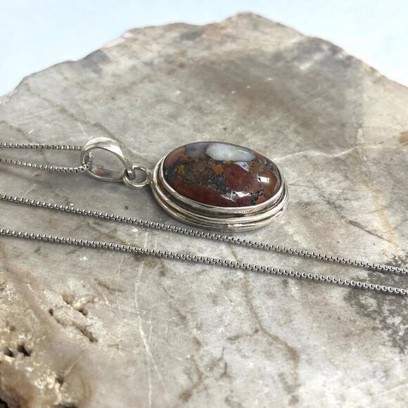 Sterling Silver 925 Oval Bezel Set Brecciated Jasper Pendant Necklace 18.5" - Picture 4 of 16